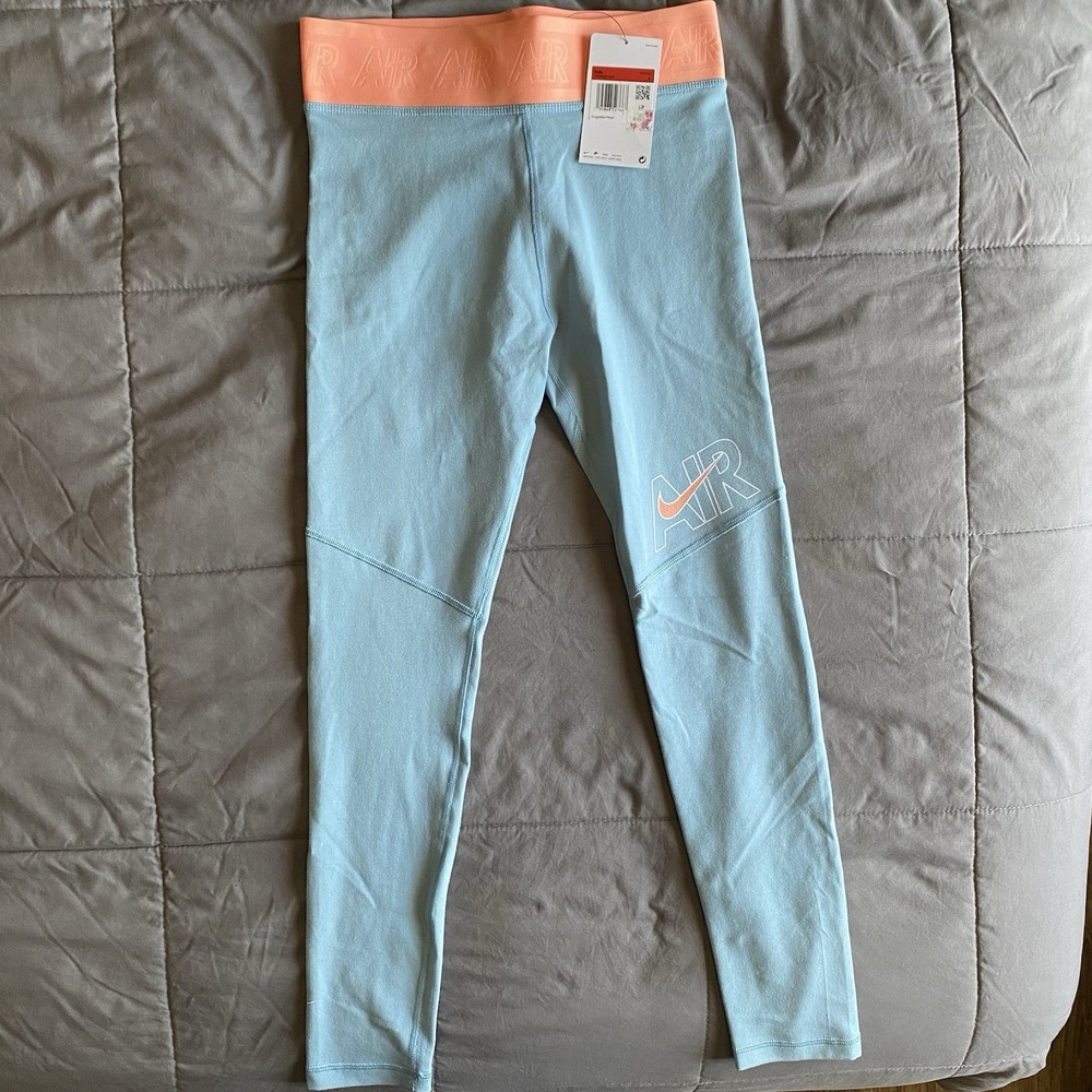 NWT Girls Large Nike Air Blue Teal Leggings Skinny Tight Athletic Orange Sporty
